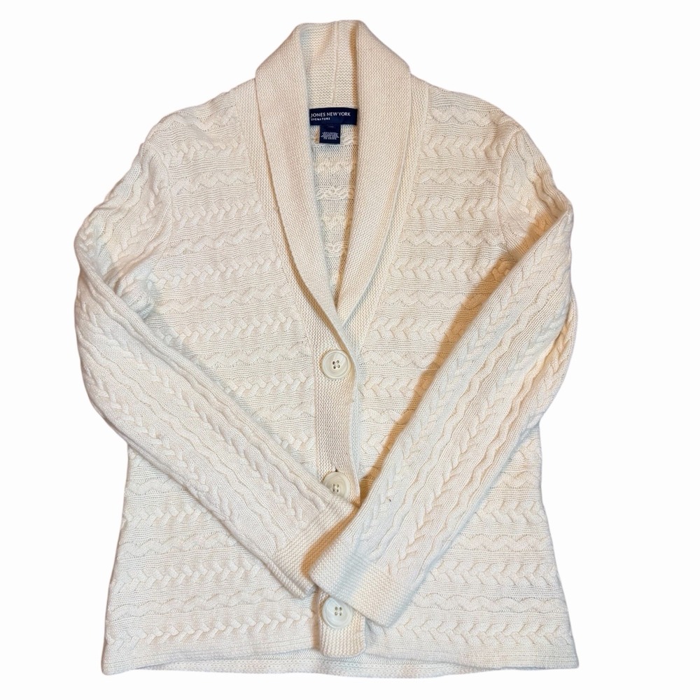 Women's Jones New York Signature Cable Knit Cardigan Ivory Wool Blend Size XL